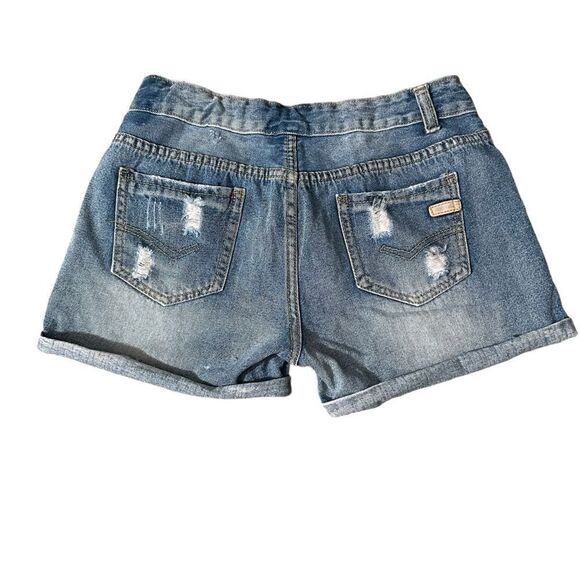 AEL  Blue Denim Shorts with folded hem ~ size 30 ~ distressing throughout - Picture 2 of 10